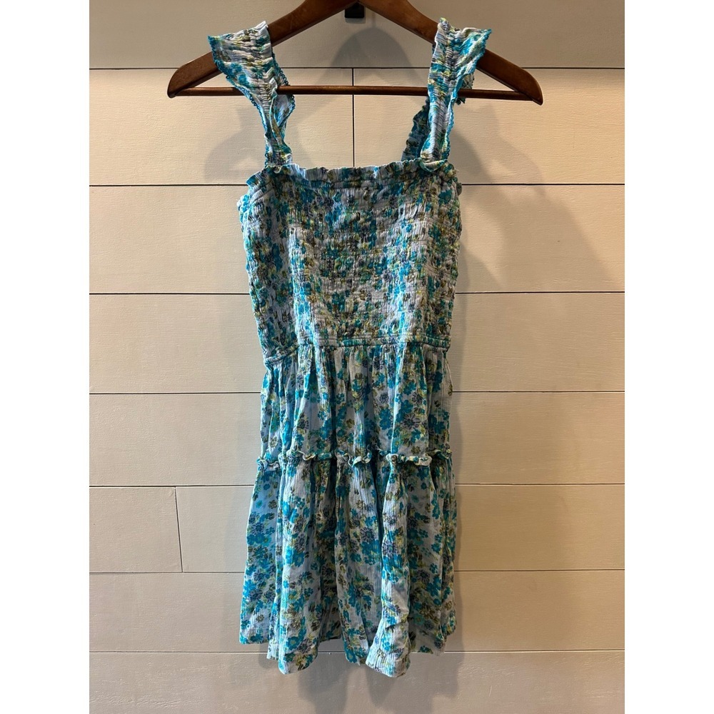 Aerie Floral Smocked Mini Dress Blue Green Ruffle Strap Tiered Cotton Blend L/G